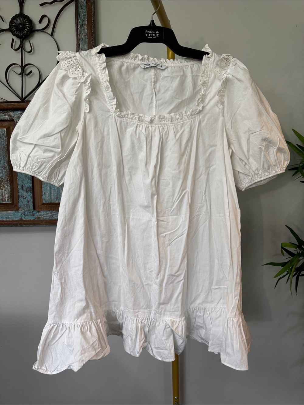 Zara White Cotton Ruffle Square-Neck Tunic